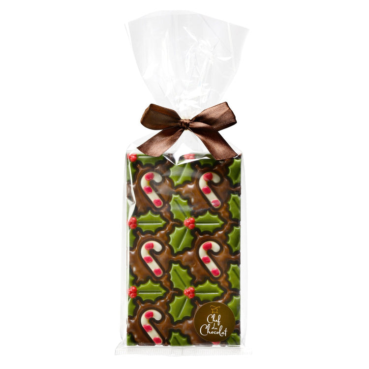 Decorated milk choc bar with candy canes in cello bag 150g