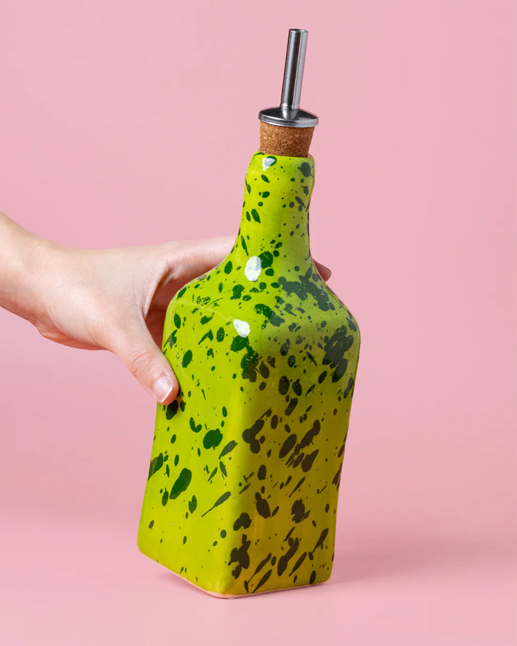 Tierra Cocida MOJITO bright green handmade oil pourer held in hand