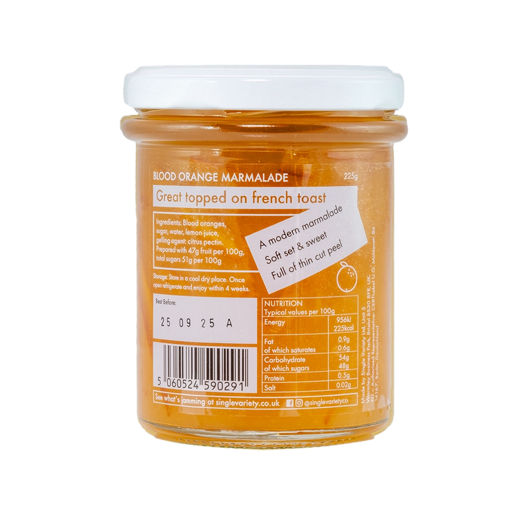 Ingredients label on a jar of blood orange marmalade