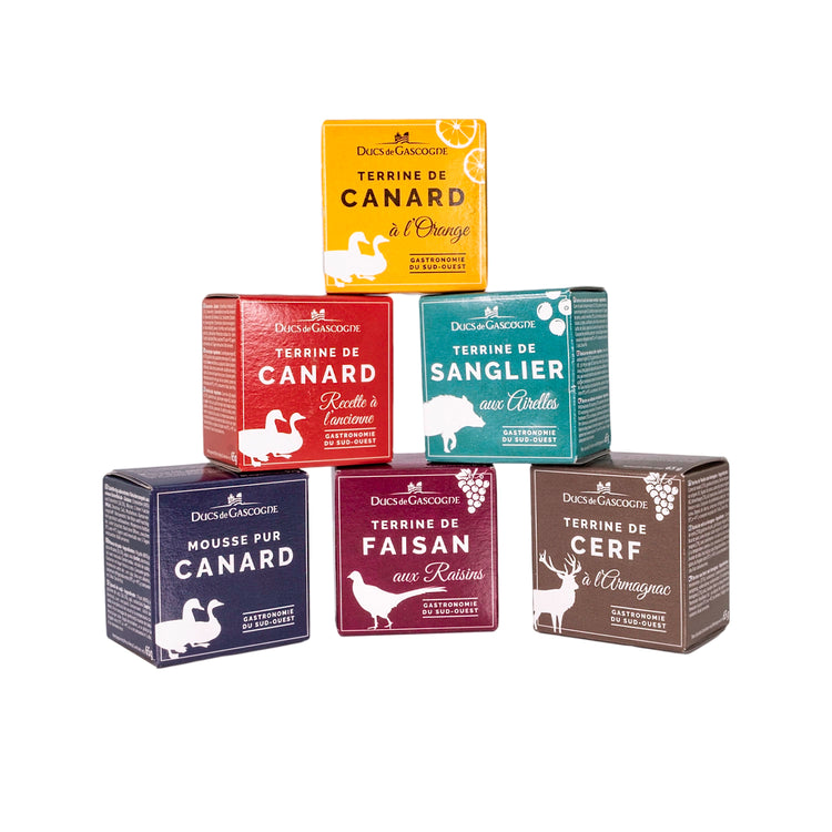 A pyramid stack of the Ducs de Gascogde collection including the Venison terrine