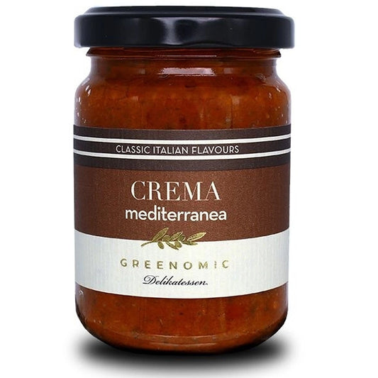 A glass jar of Greenomic Crema Mediterranea, a classic Italian Mediterranean cream