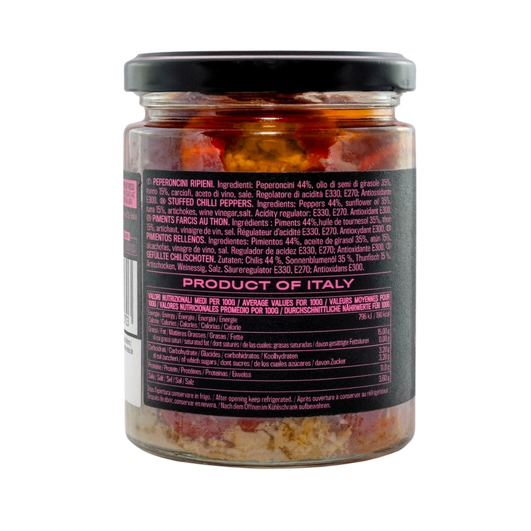 The back of the glass jar of a Crispino Appetitosi with a black label and pink text