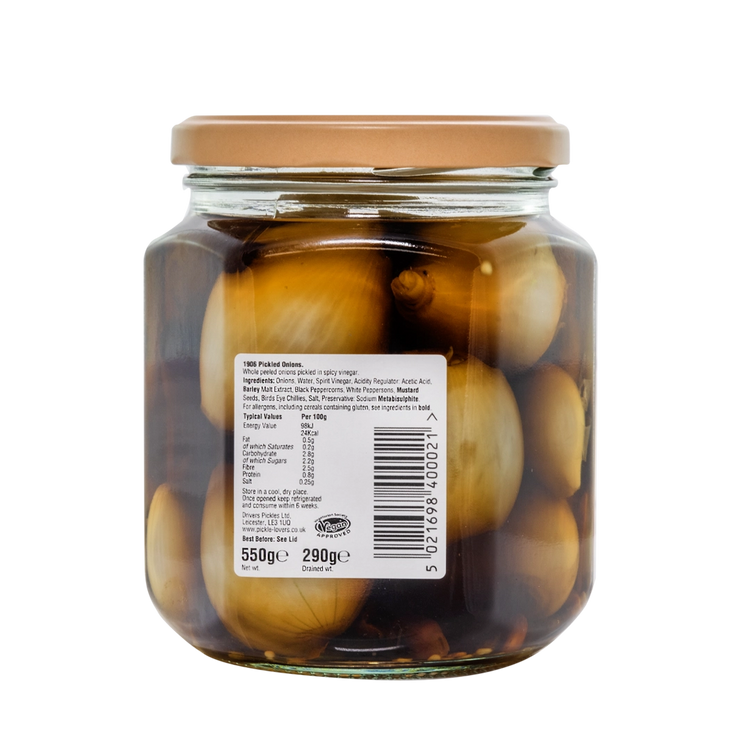 This image is the back of the Drivers pickled onion jar with a label showing the ingredients.