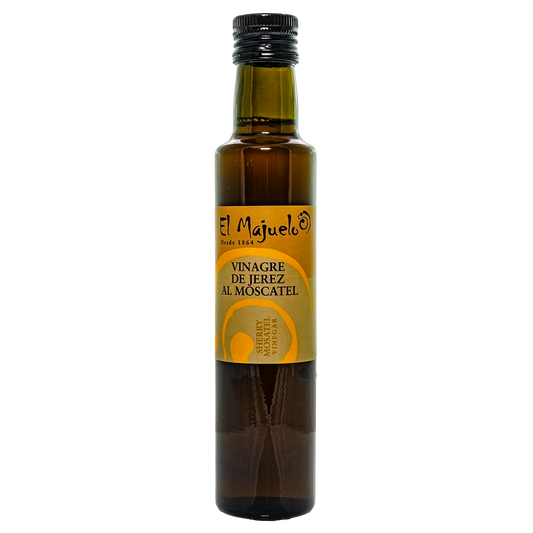 a tall glass bottle with a yellow label with the black El Majuelo logo