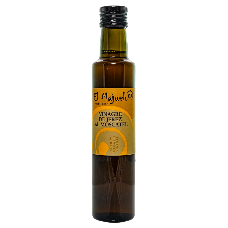 a tall glass bottle with a yellow label with the black El Majuelo logo