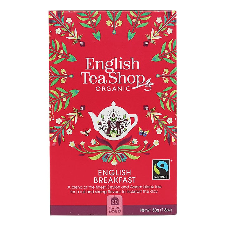 A red box with the English Tea Shop logo and the title English Breakfast with a picture of a tea pot on the box