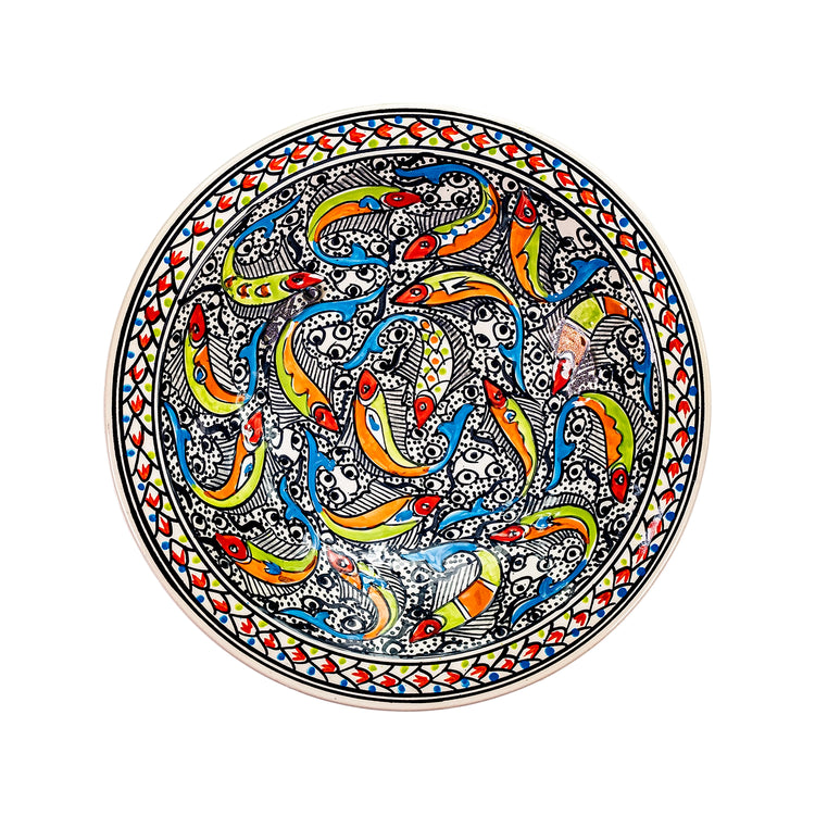 Moroccan-style extra large decorative bowl with a colorful marine design. The bowl's rim is decorated with a repeating geometric patterns