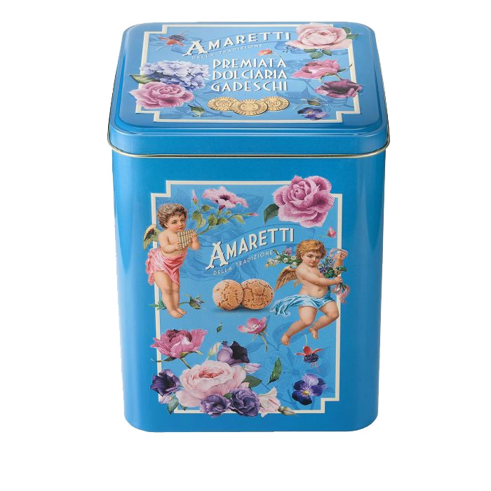 Gadeschi Amaretti Biscuits in Blue Cherub Tin white background