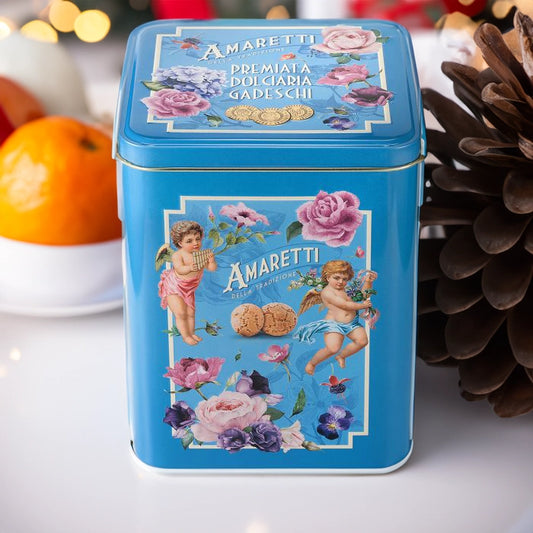 Gadeschi Amaretti Biscuits in Blue Cherub Tin Christmas gift