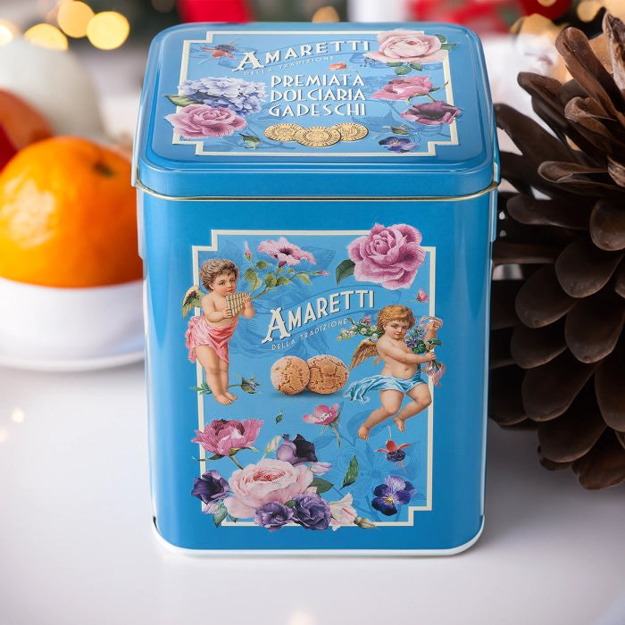 Gadeschi Amaretti Biscuits in Blue Cherub Tin Christmas gift