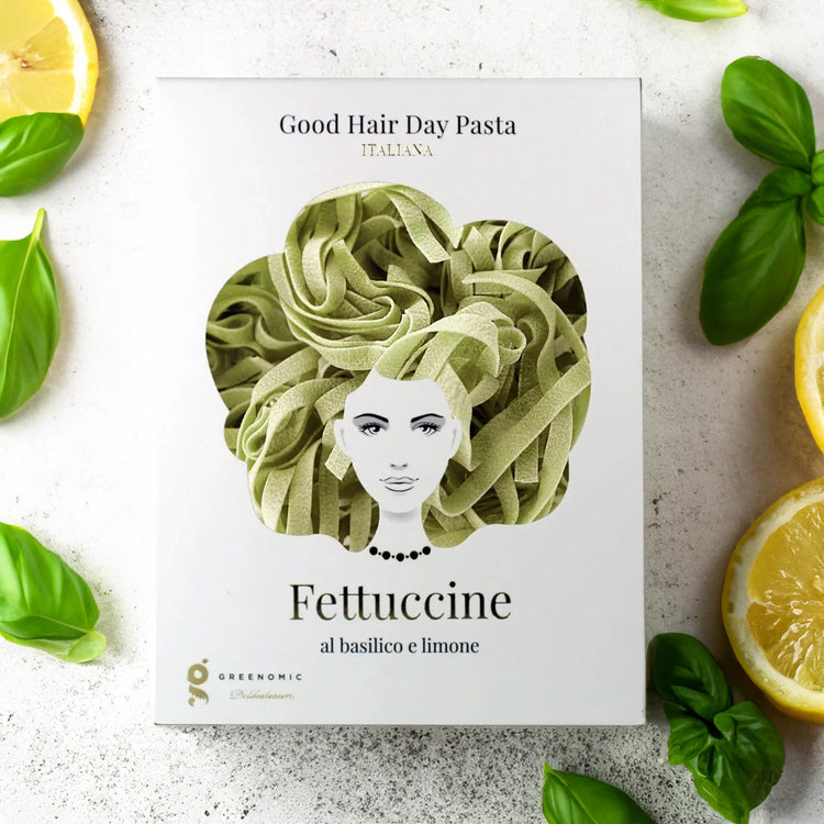 Good Hair Day green fettucine pasta with fresh lemons and basil leaves