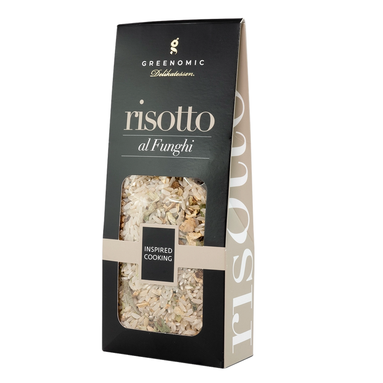 image shows a black packet with the Greenomic logo with a clear window showing the risotto rice