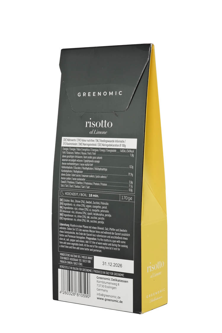 image shows the back of the packet of the Greenomic Risotto al Limone showing the ingredients and cooking instructions