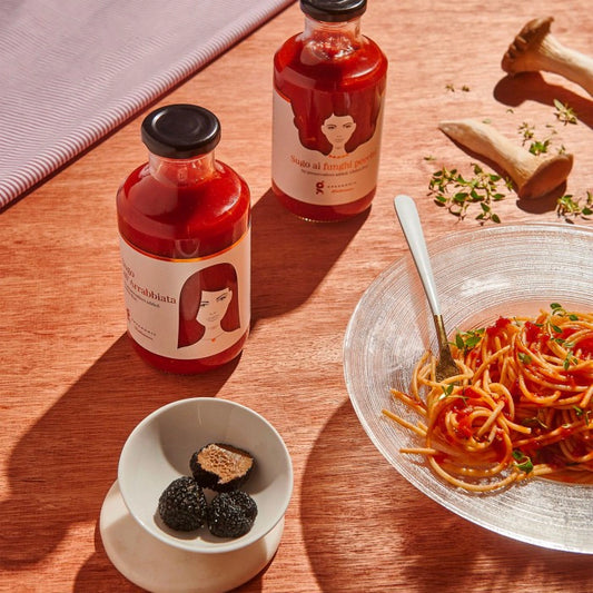 Greenomic Good Hair Day Pasta Sauces on table with bowl of pasta