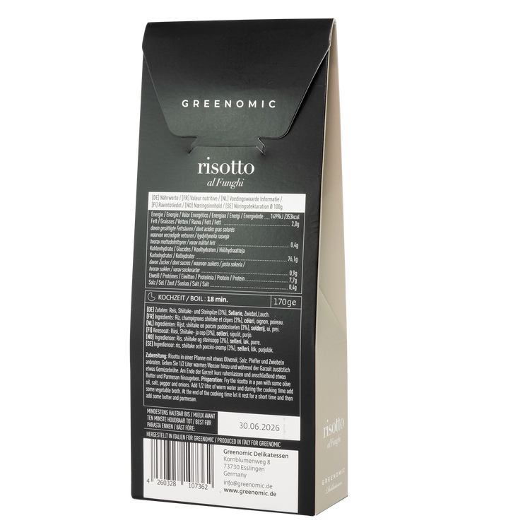 image shows the back of the packet of the Greenomic Risotto al Funghi showing the ingredients and cooking instructions