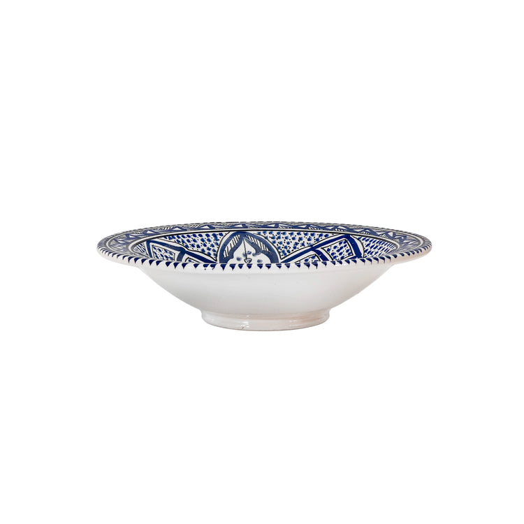 Intricate Moroccan blue pattern serving bowl depth