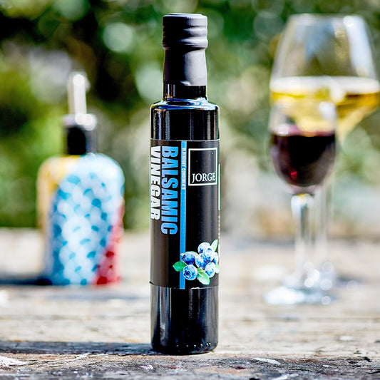 Jorge Blueberry infused Balsamic vinegar outdoors on alfresco dining table
