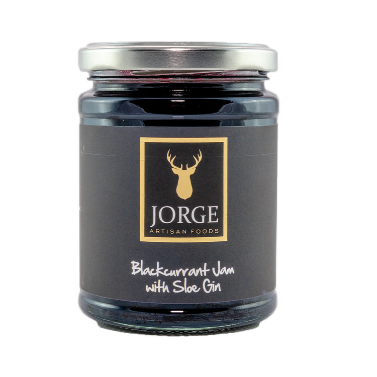 Jam jar with a back label and the Jorge logo