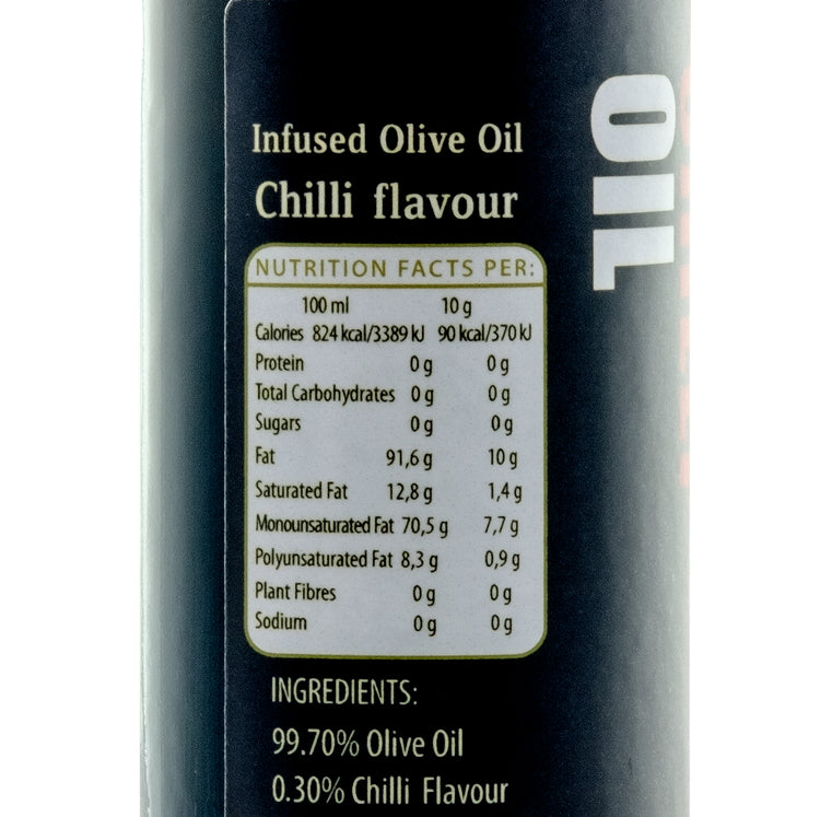 Image shows the nutrition label of the chilli botte. Label says: Infused Olive oil chilli flavour Nutritional facts per 100ml