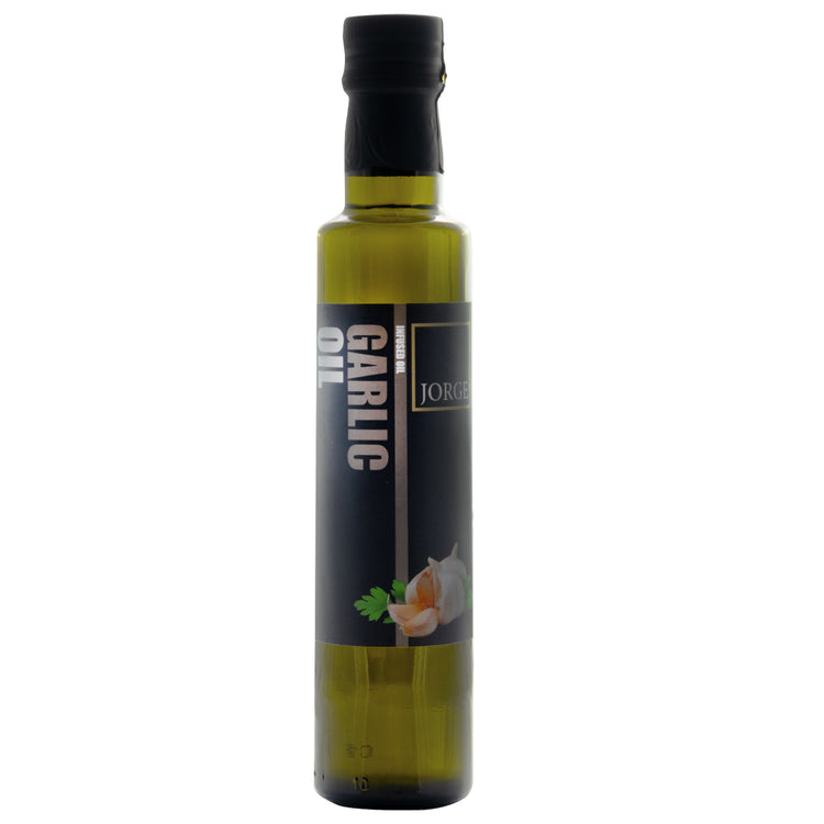Glass bottle with black Jorge branded label with Garlic oil and picture of a garlic