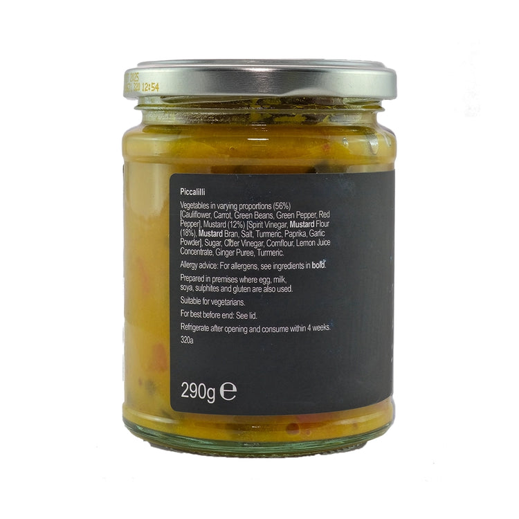 Jar of Jorge artisan Piccalilli relish with the label listing ingredients, weight and storage information