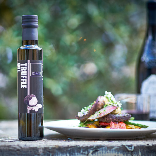 JORGE truffle oil served outdoors for Mediterranean dining