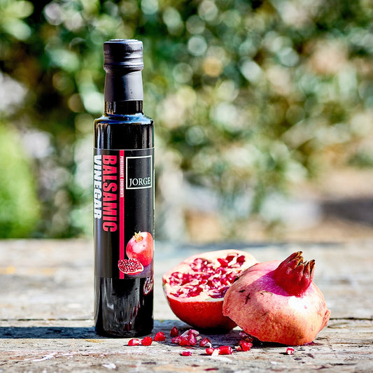 Jorge Pomegranate infused balsamic vinegar outdoors with fresh fruit