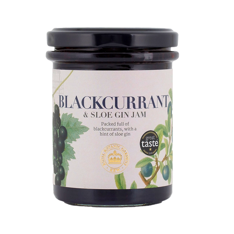 A glass jar with Blackcurrant and Sloe Gin Jam written on with the Kew Gardens logo.