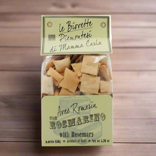 Packed of Le Biovette Piemontesi Rosmarion with Rosemary on wooden table