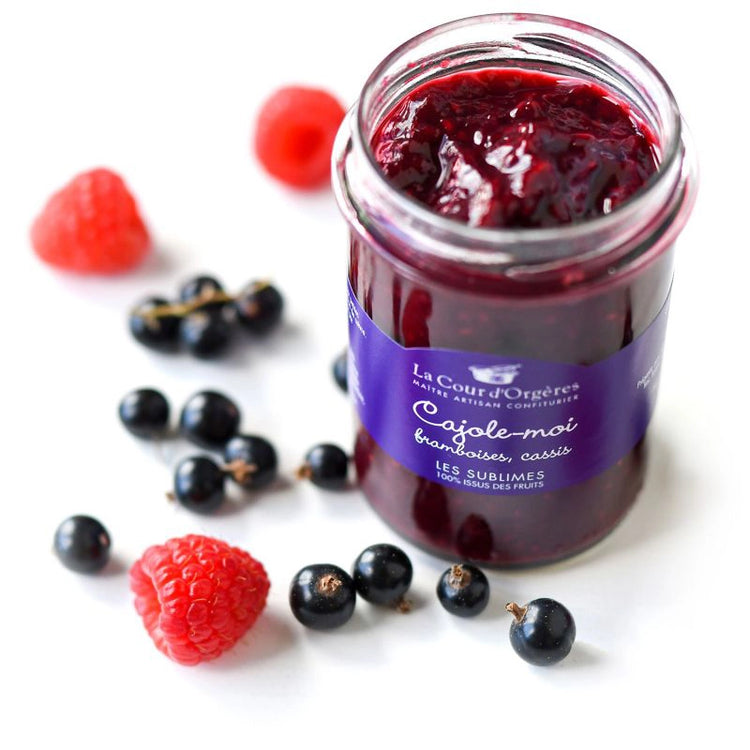 La Cour d'Orgères light Raspberry and Blackcurrant Jam with fresh fruits scattered