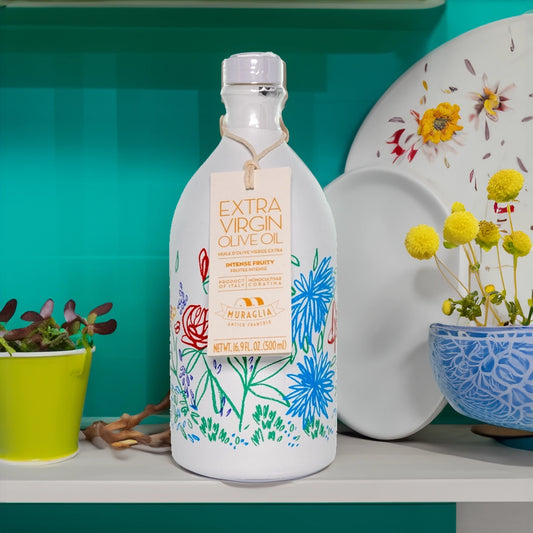 Extra Virgin Olive Oil in pop art display floral display bottle