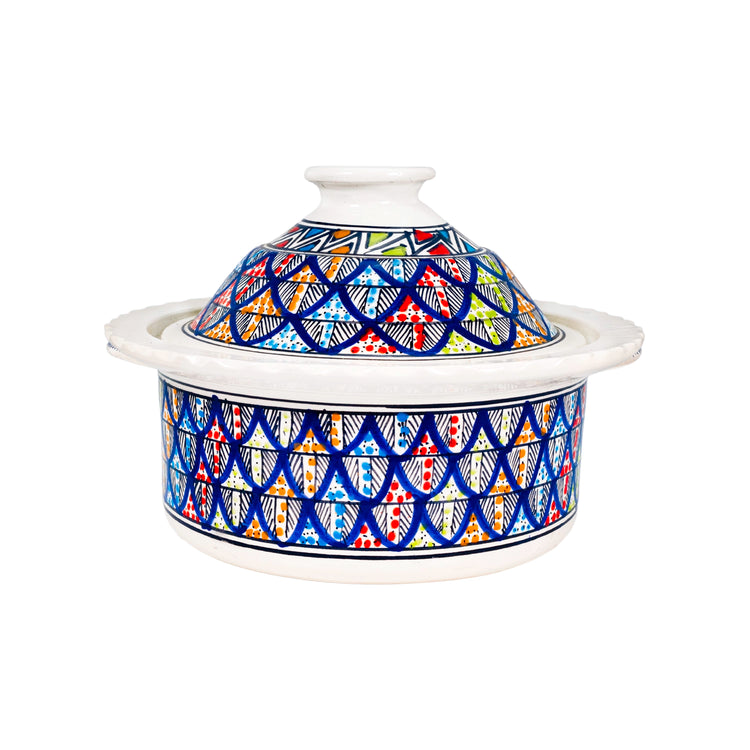 Side view of deep ceramic tagine dish with intricate Tunisian artwork in vibrant colours of blue, green, red, and orange