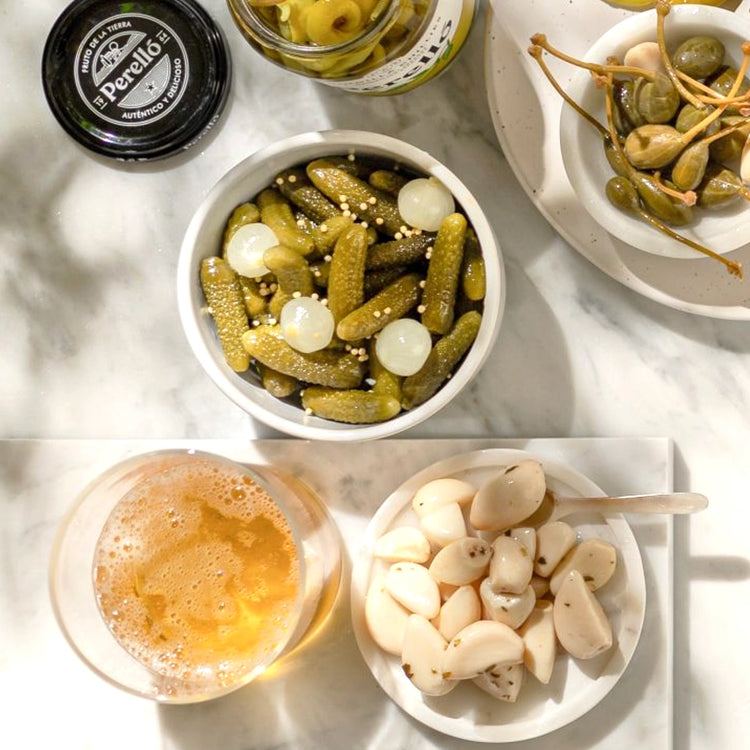 Perelló pickled garlic cloves on table in bowl