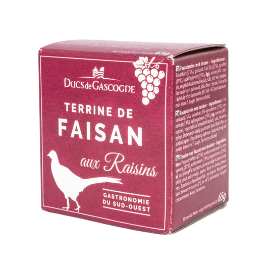 A maroon box with the Duc de Gascogne logo and the title Terrine de faisan aux raisins with the outline of a pheasant and grapes in the corners of the box