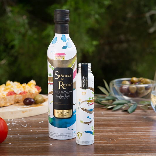 Señorios de Relleu high quality Extra Virgin Olive Oil on table with olives