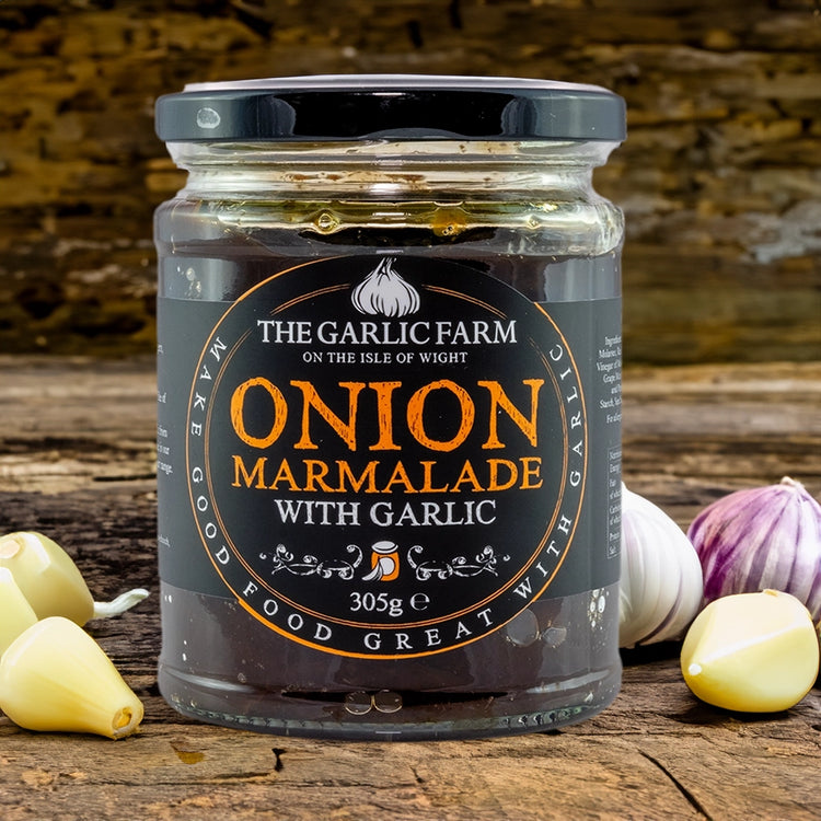 The Garlic Farm - Onion marmalade with Garlic on wooden table