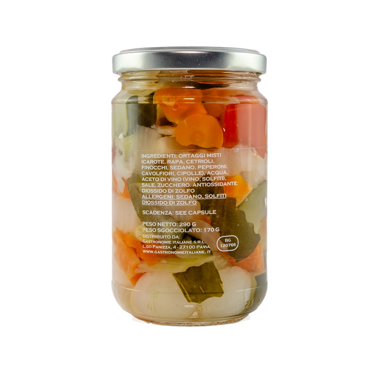 Ingredients list on a jar of pickled veg