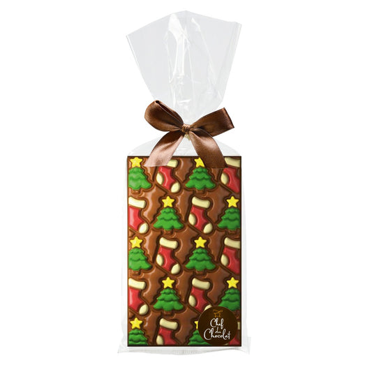 Decorated milk choc bar with tree and stocking in cello bag 150g