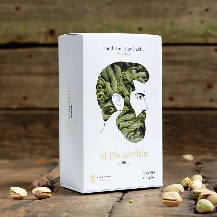 Good Hair Day Pasta with Sicilian Pistachio on wooden table