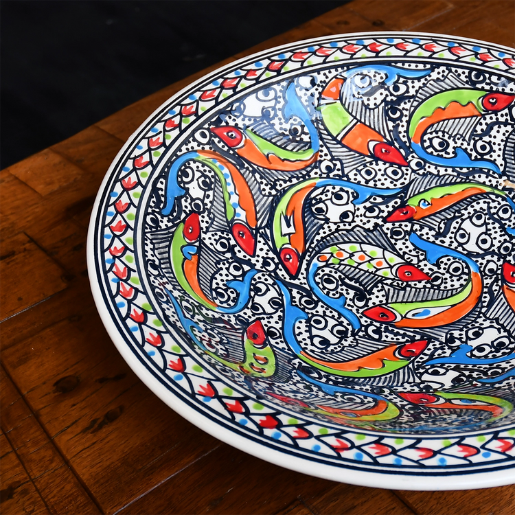 Mediterranean fish design serving bowl on wooden table