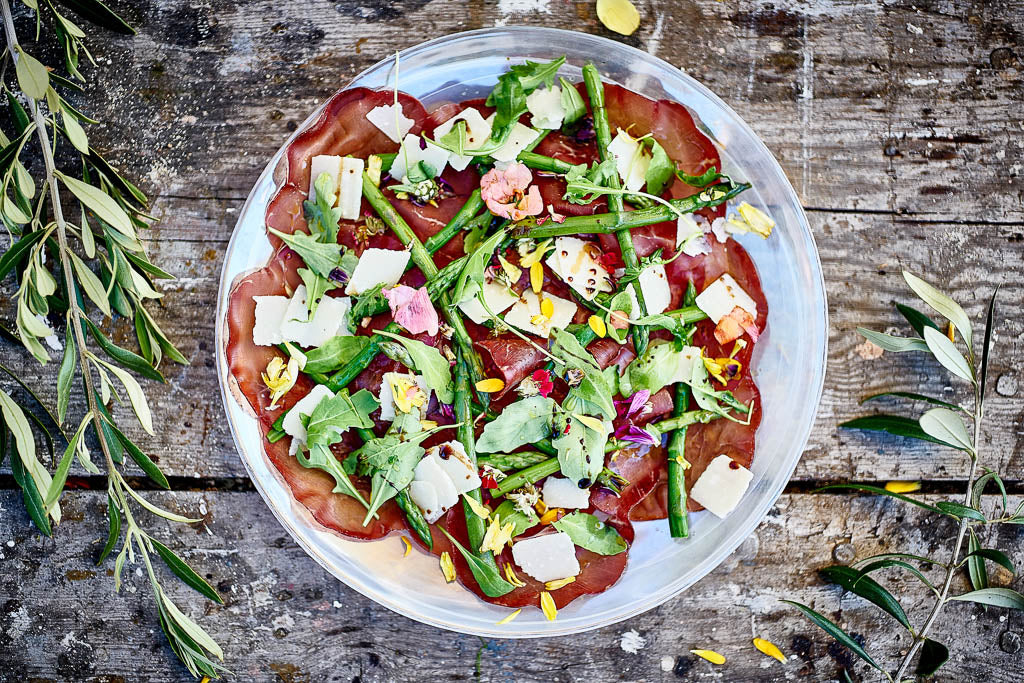 Jorge's Bresaola With Baby Asparagus, Wild Rocket, Parmesan & Jorge Lemon-infused Extra Virgin Olive Oil