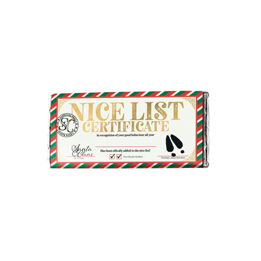 Solid milk chocolate bar with Nice List Certificate design 85g