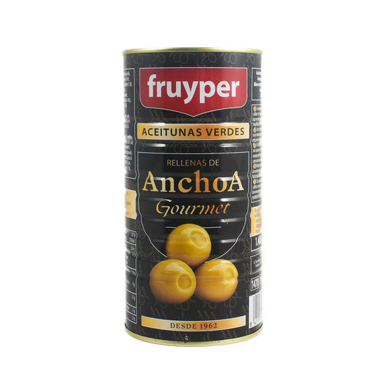 A black tin with the Fruyper logo and the title Rellenas De Anchoa Gourmet in gold writing and an image of olives underneath the writing