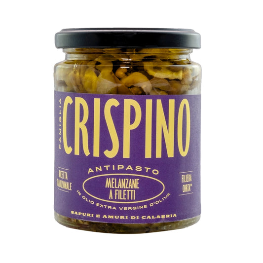 A glass jar of with Crispino branding. The jar contains the Aubergine Fillets with the writing melazane a filetti with a purple label and yellow branding