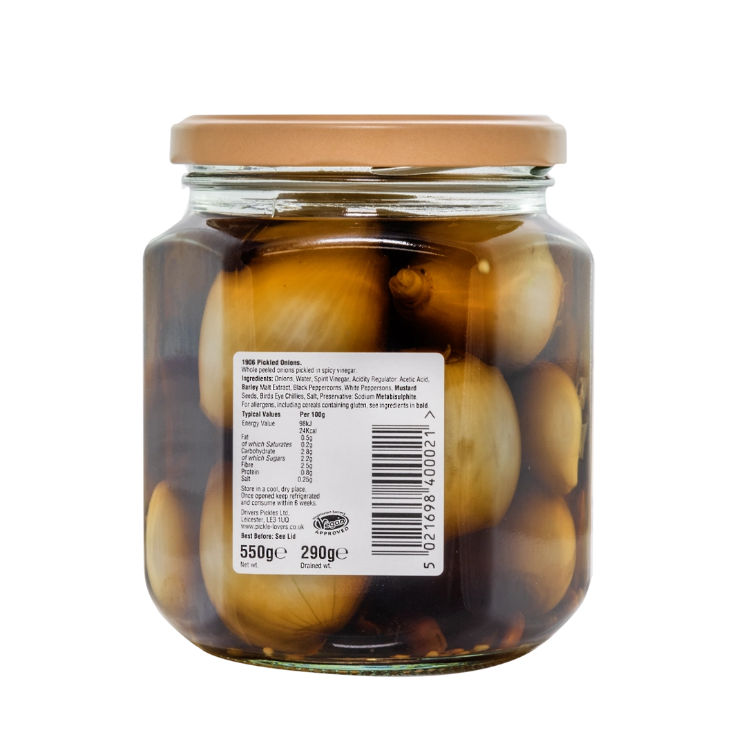This image is the back of the Drivers pickled onion jar with a label showing the ingredients.