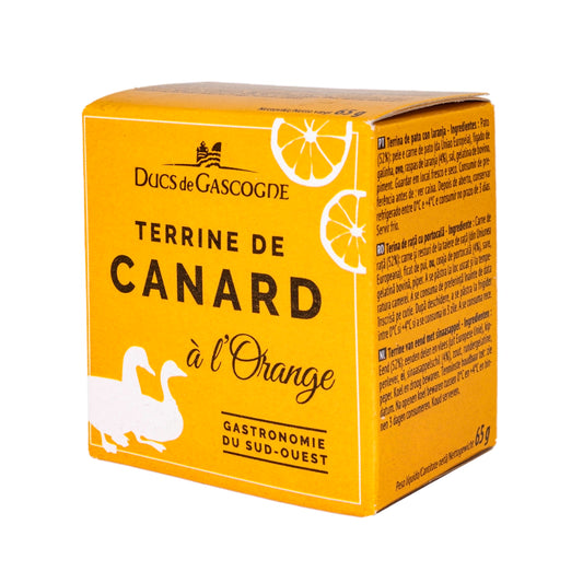 A small Orange box with the Duc de Gascogne logo and the title Terrine de canard a l'orange with the outline of ducks in the corner of the box