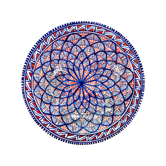 Moroccan-style extra large decorative bowl with a vibrant red and blue sunburst design
