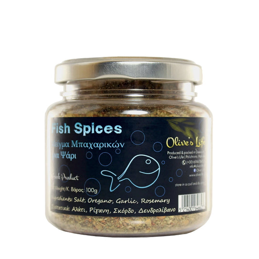 A glass jar of Olive's Life Fish Spices. The jar contains a blend of dried herbs and spices. The label is black with blue text, including an illustration of a fish, the product name, ingredients, weight, and contact information