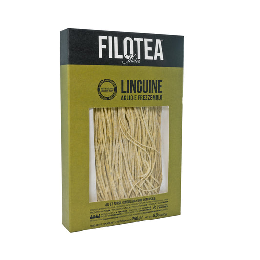 A green box with the Filotea Experience logo and the title Garlic & Parsley Linguine in black writing
