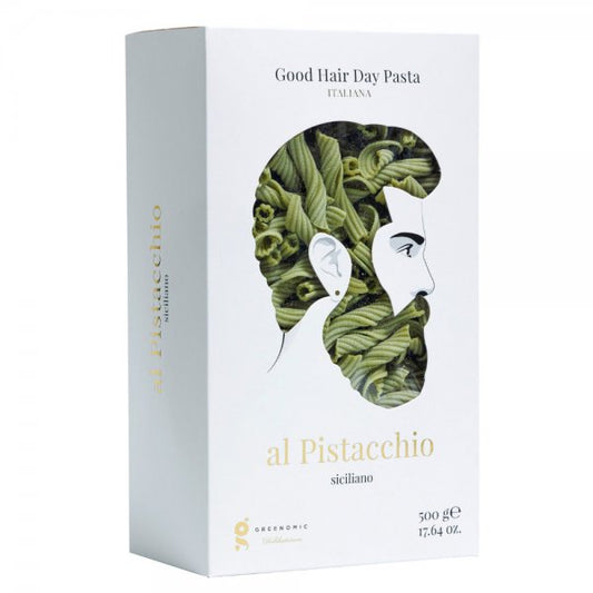 Good Hair Day Pasta logo on a white box with a mans hair cut out where you can see the Pistacchio pasta through the cut out
